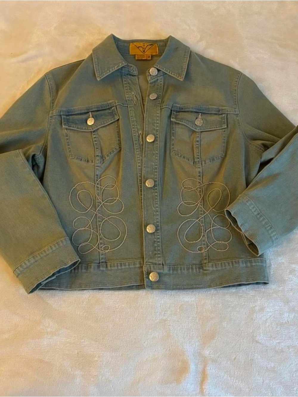 Embroidered Sage Green Denim Jacket - Women